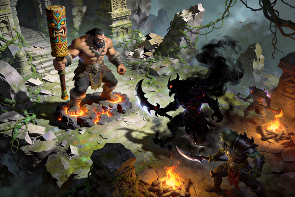 DOTA2游戏艺术图 - 撼地者、影魔等英雄在复杂地图环境中准备战斗
