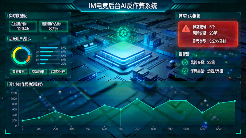 IM电竞后台AI反作弊系统监控大屏展示 - 实时数据分析与异常行为报警界面