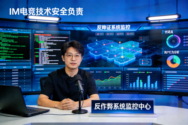 IM电竞技术安全负责人专访场景 - 背景为反作弊系统监控大屏