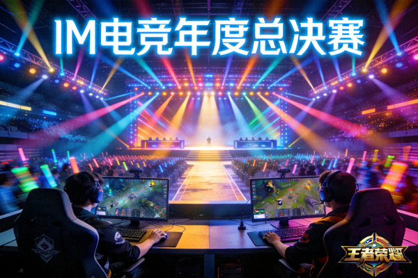 IM电竞年度总决赛主舞台灯光效果与选手对战画面合成图