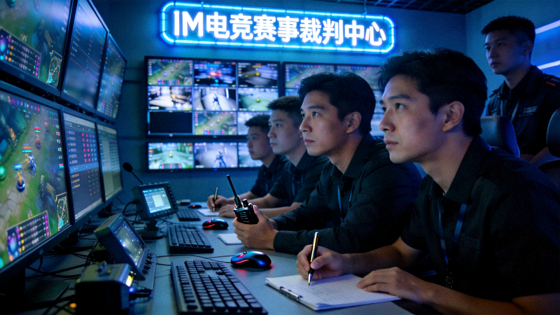 IM电竞赛事裁判中心工作场景 - 多名裁判正在专注监控多块赛事屏幕