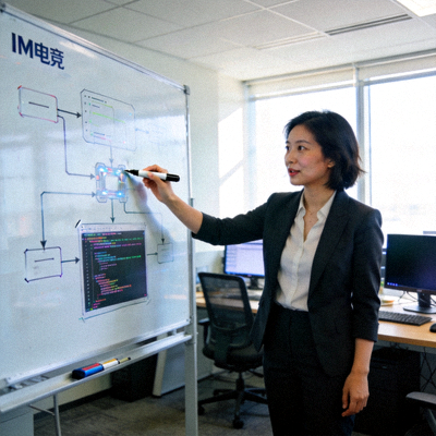 IM电竞首席技术官李薇女士在办公室技术白板前进行讲解的工作照