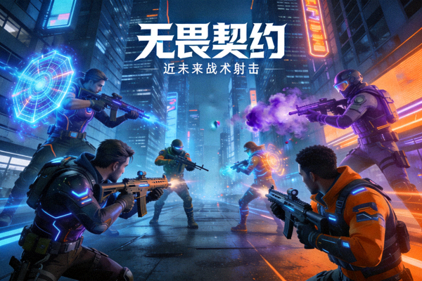 无畏契约游戏宣传图 - 拥有不同技能的探员角色在近未来都市环境中持枪对峙
